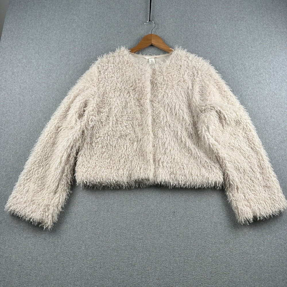H&M Faux Fur Jacket Womens Small Cream Shaggy Snap Front Coat